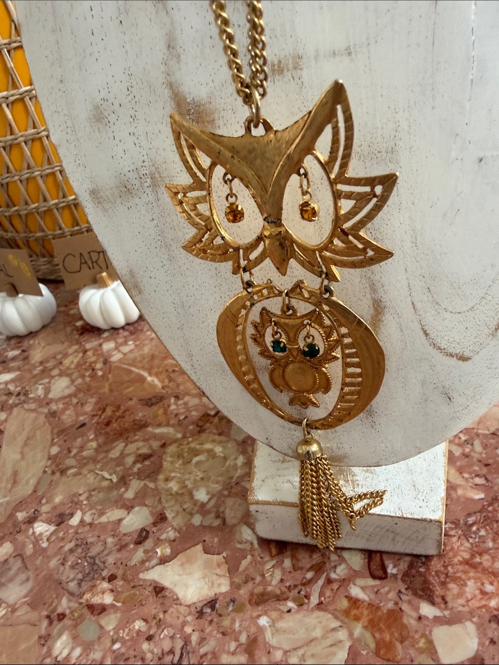 Source Unknown Gold Owl Pendant Necklace with Green and Amber Accents